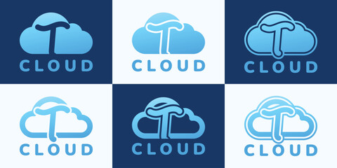 Set of letter T blue cloud logo. This logo combines letters and cloud shapes. Suitable for internet companies, apps, digital storage and the like.