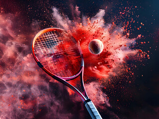 Tennis ball and racket in colored dust. AI generated. 