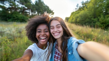 Two young women laughing and taking selfies in nature, one girl is of mixed race with dark skin color wearing a white t-shirt.Generative AI illustration.