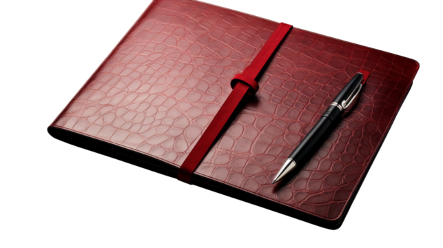 A red notebook lays open, a pen poised on top