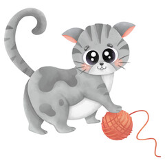 A cartoon watercolor painting of a cat playing with yarn is an illustration for decorating the piece.
