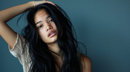 Fototapeta premium Young black-haired woman, tired and very sleepy expression. generative ai