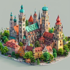 Obraz premium Create an isometric city. the city is in a European style with a lot of old buildings and churches. the city is surrounded by a wall with towers at the corners.