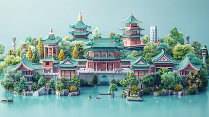 Fototapeta premium A beautiful Chinese style city with a lake and many traditional buildings. The water is green and the trees are lush. The city is peaceful and serene.