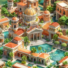 A beautiful city built on the water. The buildings are made of white marble and have red clay roof tiles. The city is surrounded by lush palm trees and the water is crystal clear.