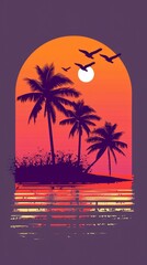 retro sunset with palm trees and birds art, purple orange background,