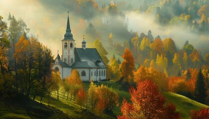 A beautiful church nestled in the rolling hills of Central Europe with soft morning mist and autumn foliage around it