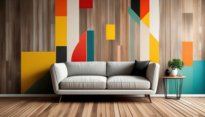 Interior of living room with sofa, lamp and colorful wall painting