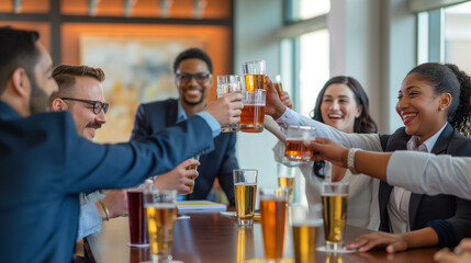 A happy image of diverse corporate business people enjoying drinks after work. Celebrating success and achievement across diverse racial backgrounds in a bright and clean corporate boardroom