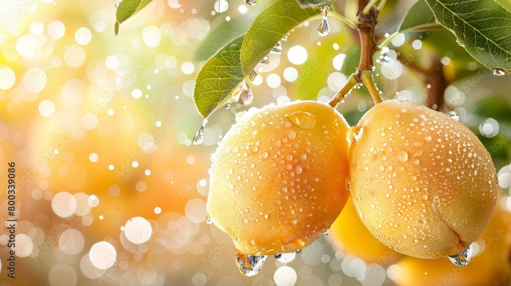 Poster macro close up of juicy pear with dew drops hanging on tree, ideal wide banner with space for text