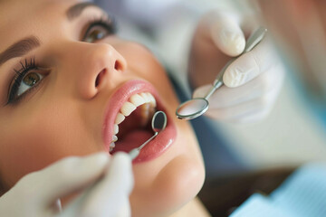 Dental Hygiene Procedure Woman having her teeth professionally cleaned by a dentist in a modern dental office
