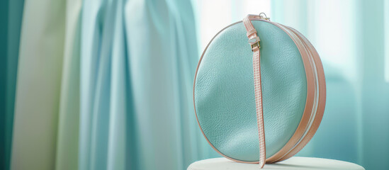 Close-up of simple round handbag in pastel colors. Female trendy bag in pastel colors, copy space.