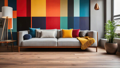 Interior of living room with sofa, lamp and colorful wall painting