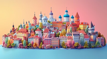 Obraz premium A beautiful city with colorful buildings and churches. The sky is a gradient of pink, orange, and yellow. The city is surrounded by a blue sea.