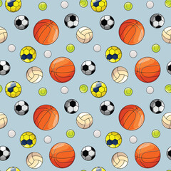 Seamless pattern featuring various sports balls including soccer, handball, volleyball, tennis, golf and basketball on grey background...