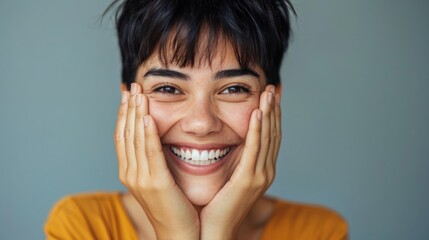 Young woman with short black hair covering eyes with hands, smiling generative ai