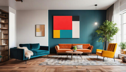 Fototapeta na wymiar Interior of living room with sofa, lamp and colorful wall painting