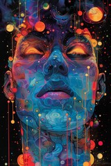 A painting of a woman's face with many colorful dots, AI