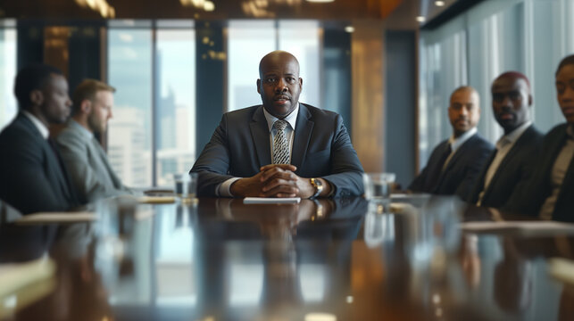 An office portrait of a black boss in a boardroom filled with diverse business people, sitting with hands folded on the table, looking confidently at the camera.