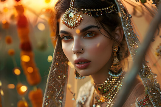 Indian film star adorned in traditional attire and gold accessories.