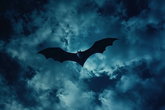 A bat cloud flying in the night sky on a midnight blue background