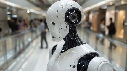 A robot is standing in a hallway with people walking by, AI