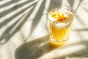 Whiskey sour cocktail in an elegant glass, placed on a white marble table with palm leaf shadows