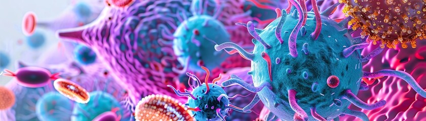 Immune system defense illustrated with vibrant cells and pathogens, close-up, bright colors, - obrazy, fototapety, plakaty