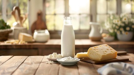 Milk products on a table. Generative AI