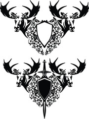 antique sword with rose flowers and moose antler head heraldic decor - medieval knight emblem with blank shield black and white vector design set