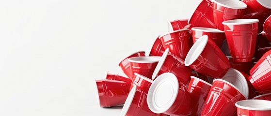 A pile of red beer pong cups on a white background - obrazy, fototapety, plakaty