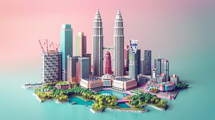 Create a 3D illustration of a futuristic city. The city should be made up of geometric shapes and have a pastel color scheme. The image should be rendered in a low poly style. - obrazy, fototapety, plakaty