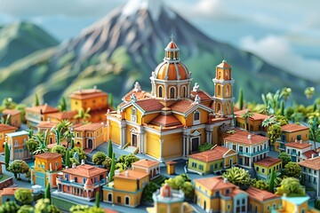 A beautiful Italian city with a large church in the center. The city is surrounded by mountains and palm trees. The sky is blue and the sun is shining.