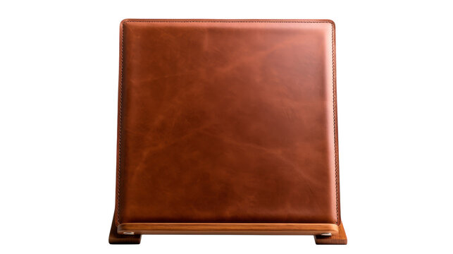 A sleek brown leather iPad case rests upon a stylish wooden stand - Powered by Adobe