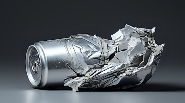 Image of a crushed aluminum can on a gray background