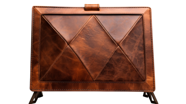 A brown leather box with a triangle design etched on its surface