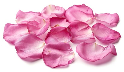 A set of pink rose petals isolated on a white background in a studio shot.