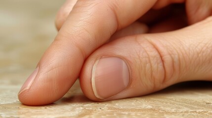   A tight shot of a left hand hovering over a piece of plywood, with a single nail at its focus