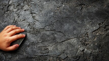   A hand holding a mouse above a worn-out mouse pad on a rough, crackled stone surface