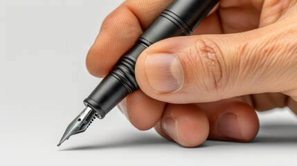   A person holds a pen with their hand, aligning the pen tip to another