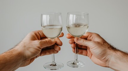 Obraz premium A couple holds wine glasses, each filled with white wine