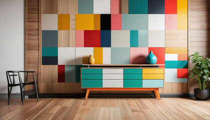 Interior of living room with sofa, lamp and colorful wall painting