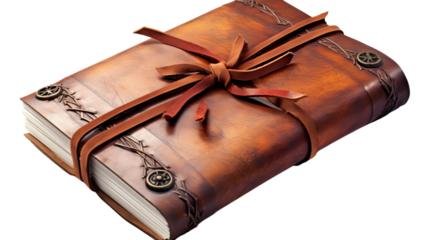 A brown leather book topped with a delicate bow, exuding charm and sophistication