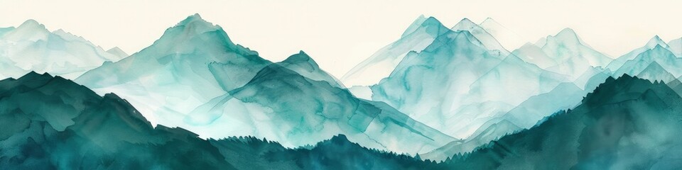Abstract teal and blue watercolor mountain landscape
