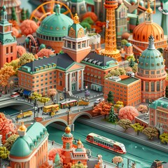 A miniature city made of colorful buildings, with a river running through the middle and a bridge crossing over it