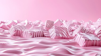   A collection of pink candy wrapper sit atop undulating pink paper against a uniform pink backdrop