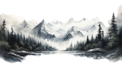 A majestic mountain range looms in the background, with a serene lake reflecting the sky in the foreground