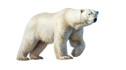 Majestic polar bear confidently walks across a vast white background