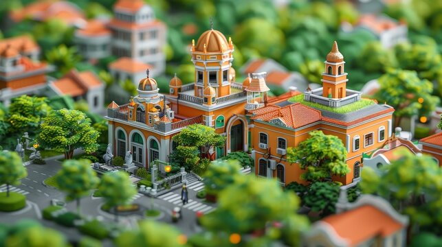 A beautiful miniature city made of colorful buildings and green trees