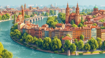 Fototapeta premium An oil painting of a cityscape with a river running through it. The city is full of colorful buildings and there are trees and bridges. The sky is blue and the sun is shining.